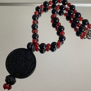 Onyx Cinnabar Chinese Dragon Beaded Necklace